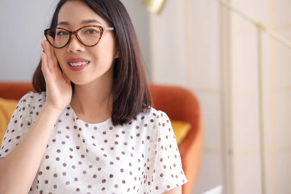 Beautiful Asian Woman Stylish Eyeglasses Home Closeup — Stock Photo, Image