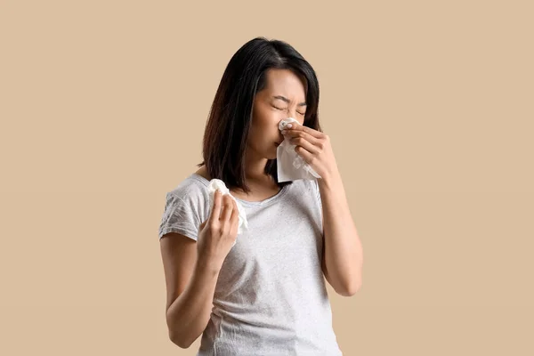 Ill Asian Woman Tissues Beige Background — Stock Photo, Image
