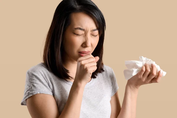 Ill Asian Woman Tissues Beige Background Closeup — Stock Photo, Image