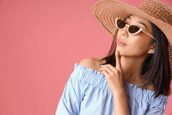 Beautiful Asian Woman Stylish Sunglasses Pink Background Closeup — Stock Photo, Image