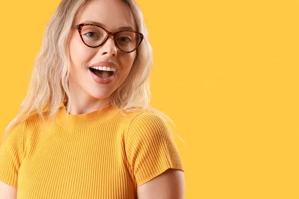 Young Woman Stylish Eyeglasses Orange Background Closeup — Stock Photo, Image