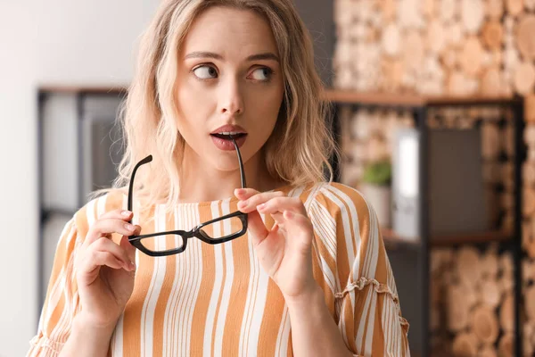 Thoughtful Young Woman Stylish Eyeglasses Office Closeup — Stock Photo, Image