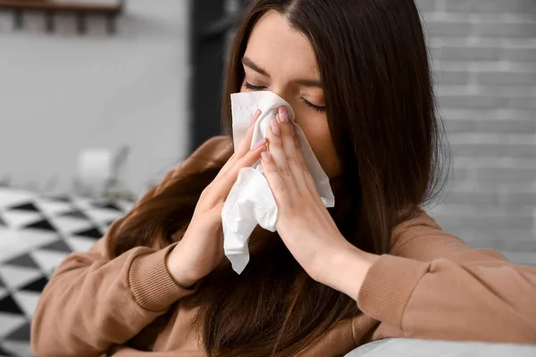 Allergic Young Woman Tissue Home Closeup — Stock Photo, Image