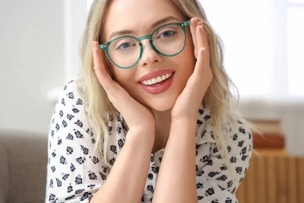 Young Woman Stylish Eyeglasses Home — Stock Photo, Image