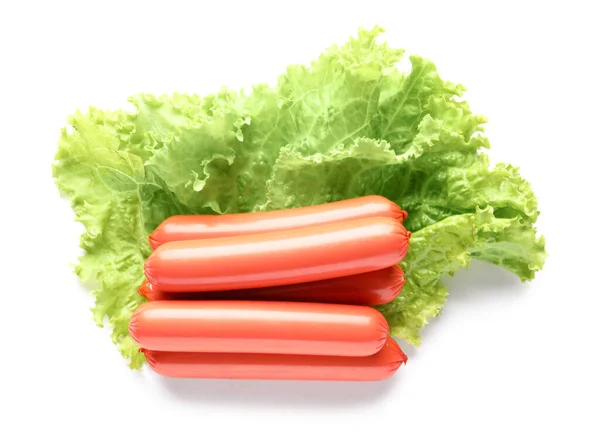 Tasty Thin Sausages Lettuce White Background — Stock Photo, Image