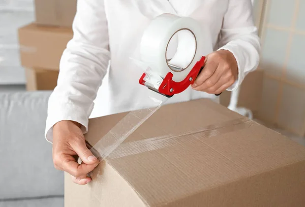 Mature Woman Taping Cardboard Box Room Moving Day Closeup — Stock Photo, Image
