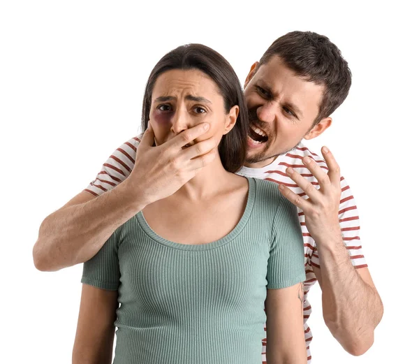 Angry Young Man Shutting His Wife Mouth White Background Domestic — Stock Photo, Image