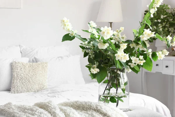 Vase Blooming Jasmine Flowers Bedside Bench Interior Light Bedroom — Stock Photo, Image