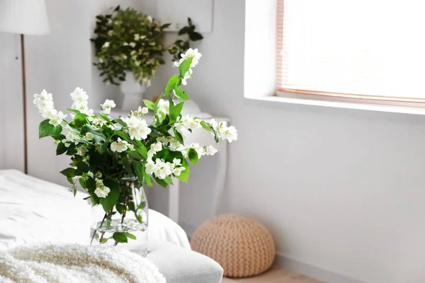 Vase Blooming Jasmine Flowers Bedside Bench Interior Light Bedroom — Stock Photo, Image