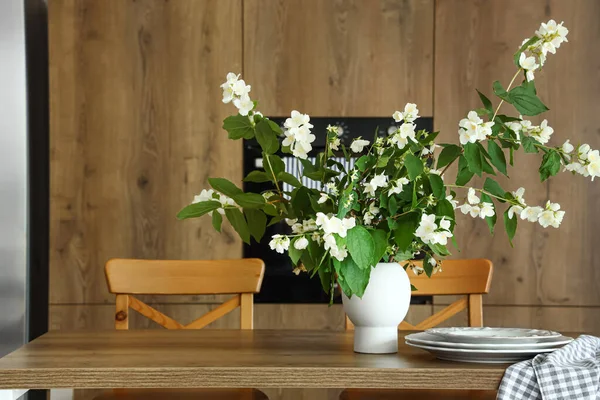 Vase Blooming Jasmine Flowers Wooden Table Modern Kitchen — Stock Photo, Image