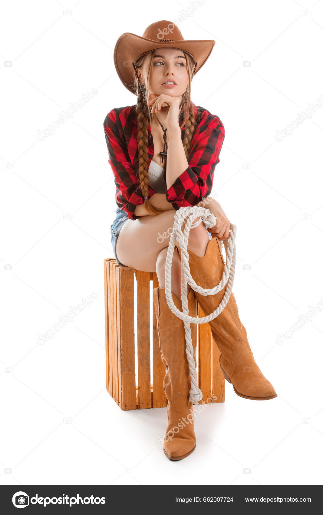 Young Cowgirl Lasso White Background Stock Photo by ©serezniy 662007724