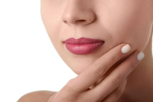 Woman Pink Lips White Background Closeup — Stock Photo, Image