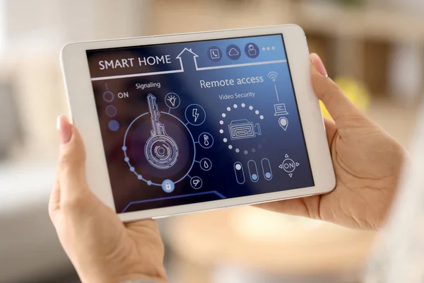 Young Woman Smart Home Security System Control Panel Closeup — Stock Photo, Image