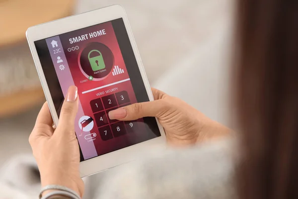 Young Woman Using Smart Home Security System Control Panel Closeup — Stock Photo, Image