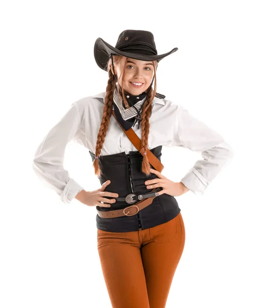 Junge Cowgirl Auf Weißem Hintergrund — Stockfoto