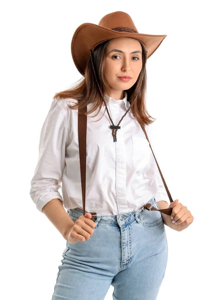 Vacker Cowgirl Vit Bakgrund — Stockfoto