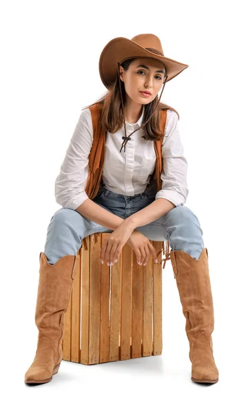 Beautiful Cowgirl Sitting White Background — Stock Photo, Image