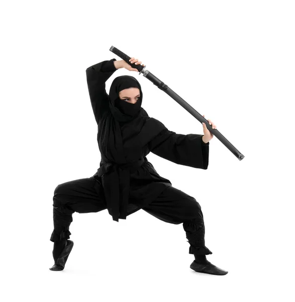 Ninja Fêmea Com Espada Fundo Branco — Fotografia de Stock