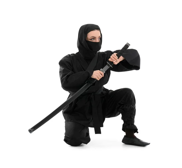 Female Ninja Sword White Background — Stock Photo, Image