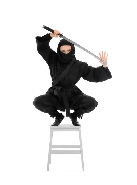 Žena Ninja Mečem Bílém Pozadí — Stock fotografie
