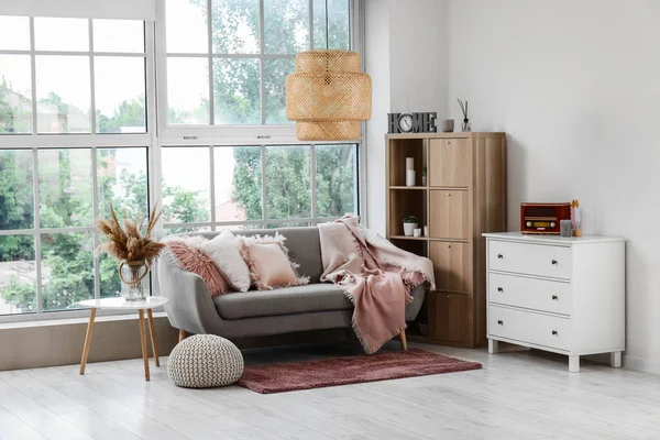 Interior Light Living Room Cozy Grey Sofa Shelving Unit Chest — Stock Photo, Image