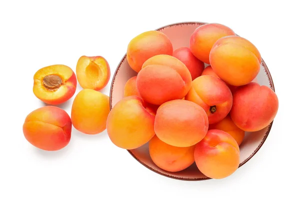 Bowl Ripe Apricots Isolated White Background — Stock Photo, Image