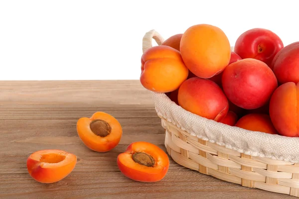 Wicker Basket Ripe Apricots Table White Background — Stock Photo, Image