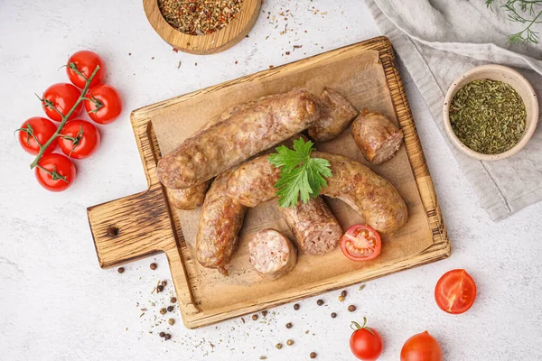 Wooden Board Tasty Homemade Sausages Light Background — Stock Photo, Image