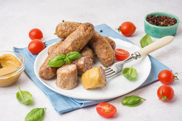 Plate Tasty Homemade Sausages Light Background — Stock Photo, Image