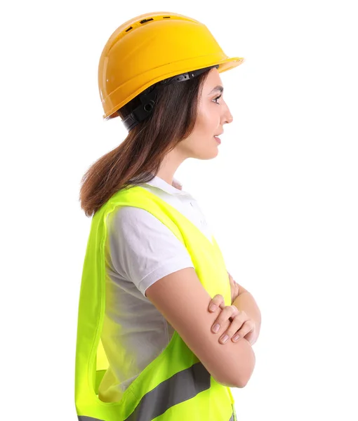 Vrouwelijke Werkneemster Vest Helm Witte Achtergrond — Stockfoto