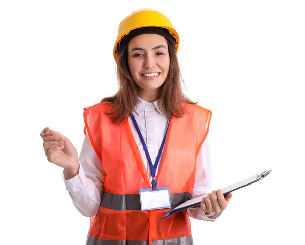 Vrouwelijke Ingenieur Met Klembord Witte Achtergrond — Stockfoto