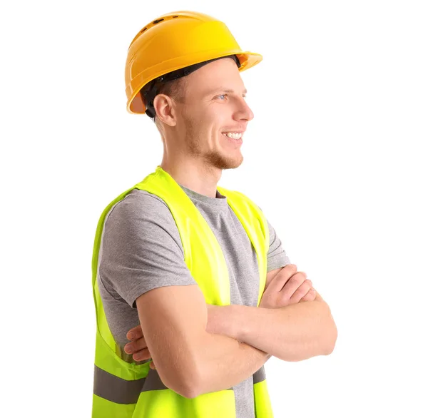 Mannelijke Werknemer Vest Harde Hoed Witte Achtergrond — Stockfoto