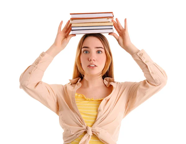 Mujer Joven Con Libros Sobre Fondo Blanco Concepto Equilibrio — Foto de Stock