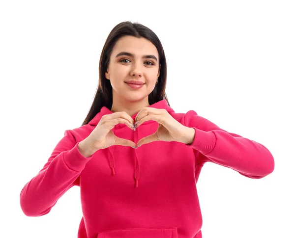 Beautiful Young Woman Making Heart Her Hands White Background — Stock Photo, Image