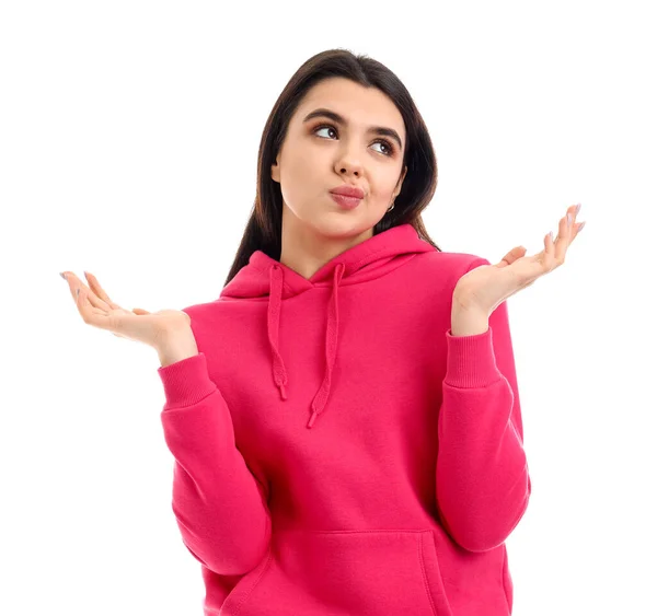 Confused Young Woman White Background — Stock Photo, Image
