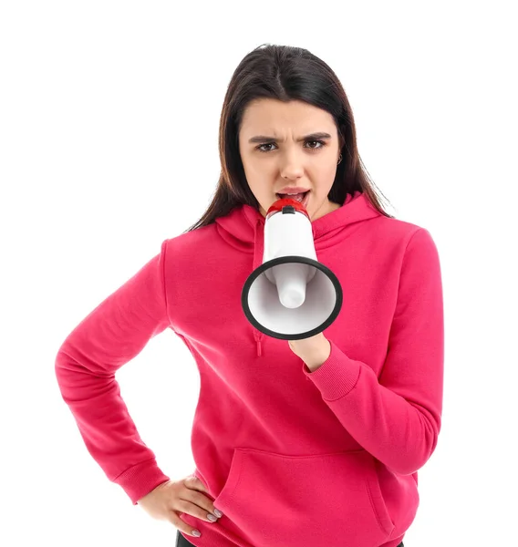 Protesting Young Woman Megaphone White Background — Stock Photo, Image