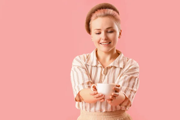 Young Woman Cup Coffee Pink Background — Stock Photo, Image