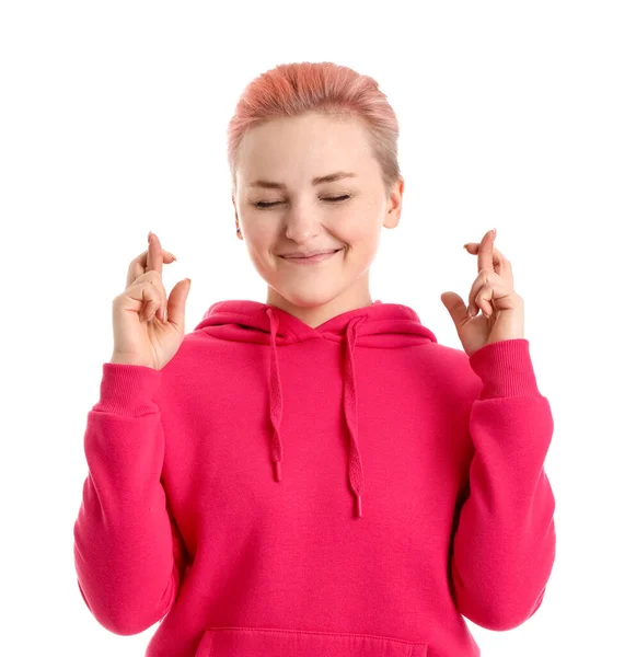Young Woman Crossing Fingers White Background — Stock Photo, Image