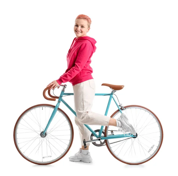 Jovem Com Bicicleta Fundo Branco — Fotografia de Stock