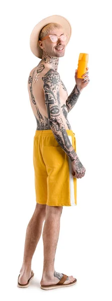 Tattooed Man Sunscreen Cream White Background — Stock Photo, Image