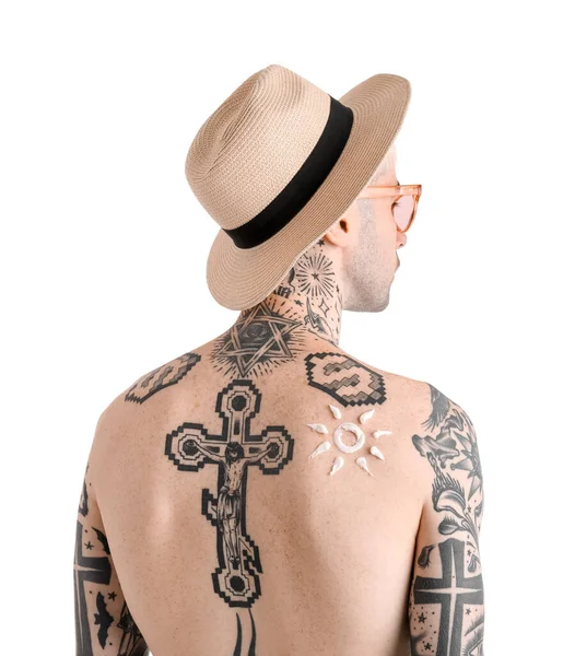 Tattooed Man Sunscreen Cream His Skin White Background — Stock Photo, Image