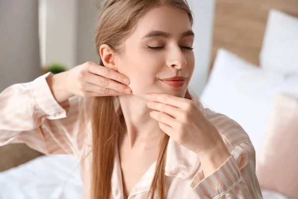 Young Woman Doing Face Building Exercise Bedroom Closeup — Stock Photo, Image