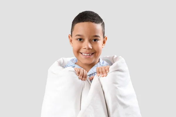 Little African American Boy Soft Blanket Light Background Closeup — Stock Photo, Image