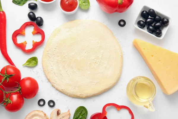 Raw Dough Ingredients Preparing Pizza White Background — Stock Photo, Image