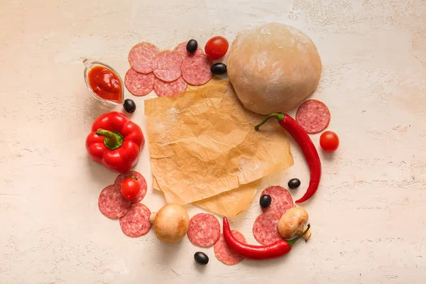 Different Ingredients Preparing Pizza Light Background — Stock Photo, Image
