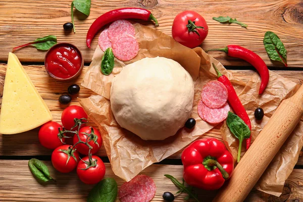 Raw Dough Ingredients Preparing Pizza Wooden Background — Stock Photo, Image