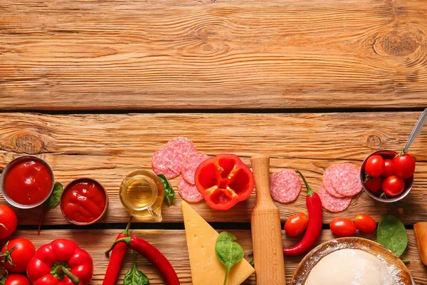 Different Ingredients Preparing Pizza Wooden Background — Stock Photo, Image