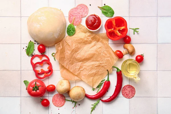 Raw Dough Parchment Ingredients Preparing Pizza White Tile Background — Stock Photo, Image
