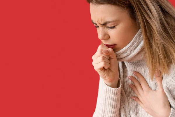 Ill Young Woman Coughing Red Background Closeup — Stock Photo, Image
