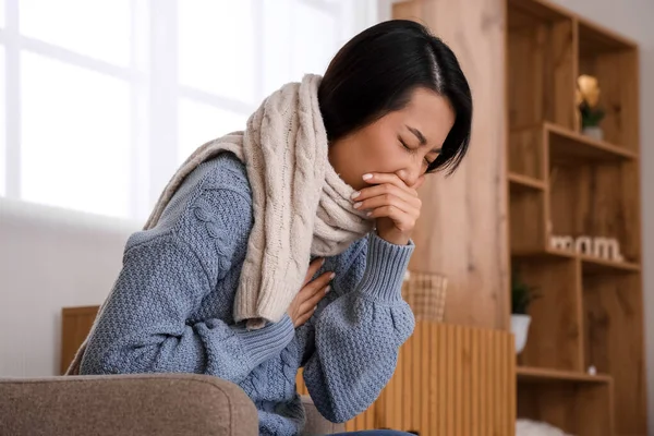 Ill Asian Woman Coughing Home — Stock Photo, Image